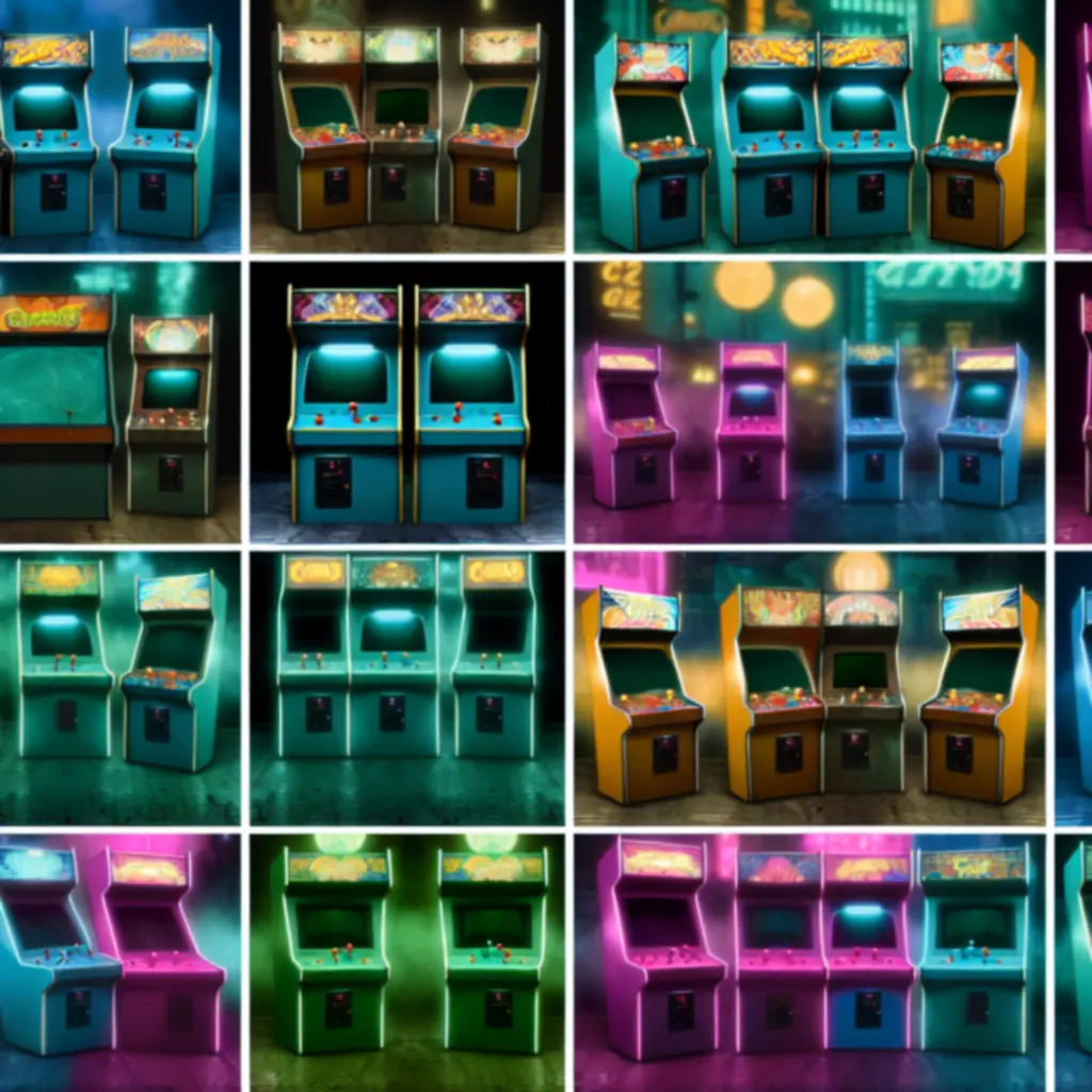 Kolaż zdjęć klasycznych automatów arcade i neonowych detali
