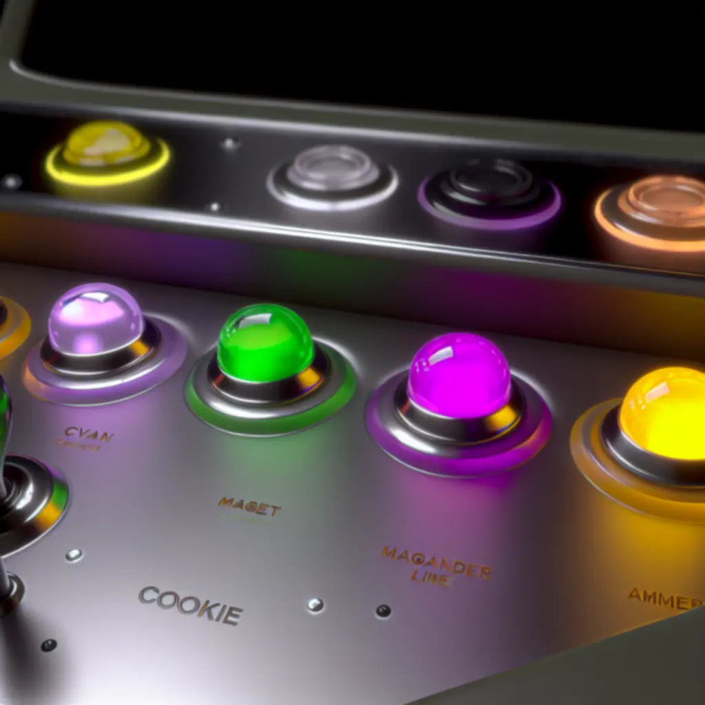 Interaktywna ilustracja zrestaurowanej arkadowej szafy z migającymi przyciskami i neonowymi marquee