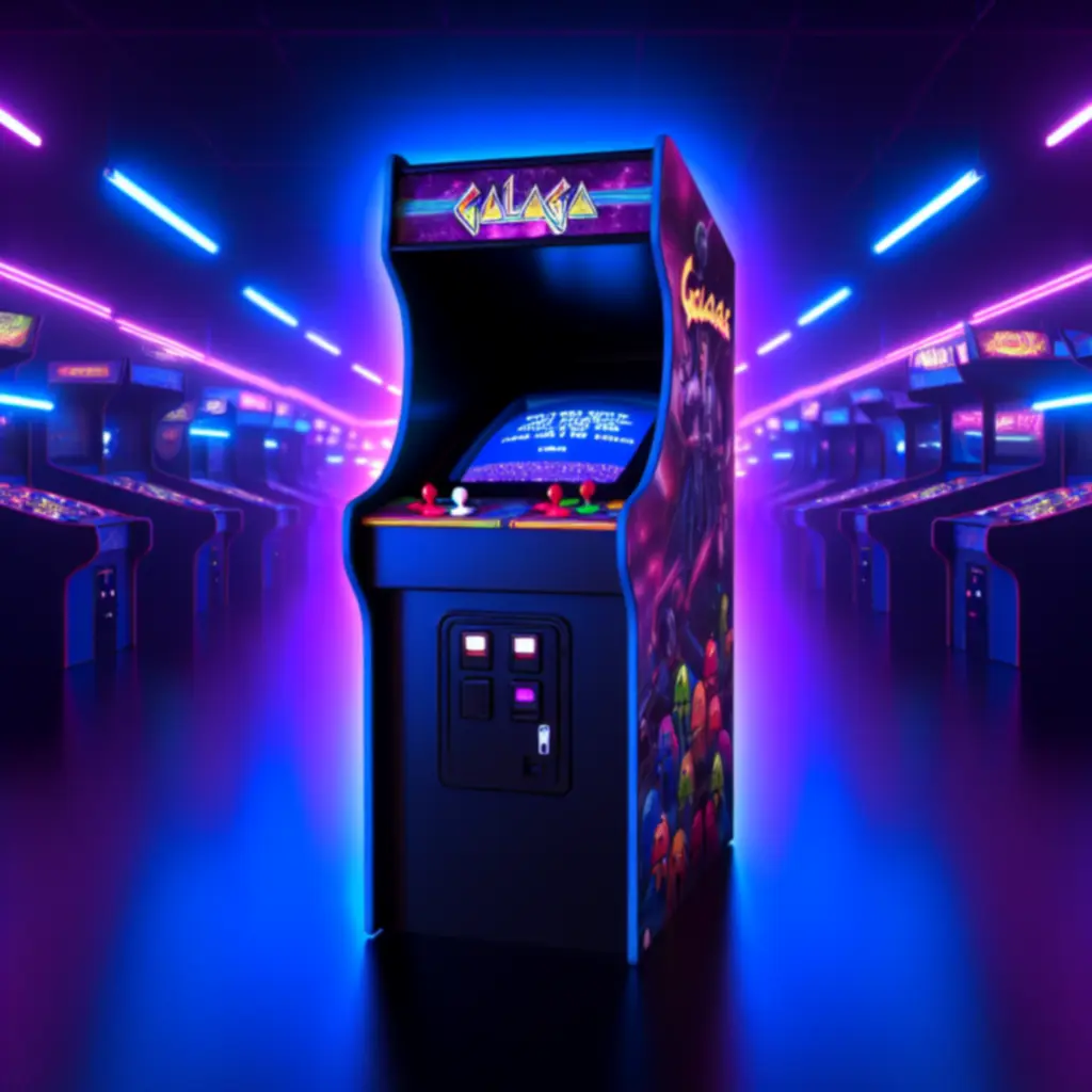 Klasyczny automat Galaga w świetle neonów