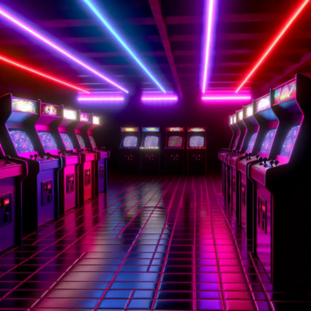 Neonowe, retro automaty arcade w ciemnej sali gier