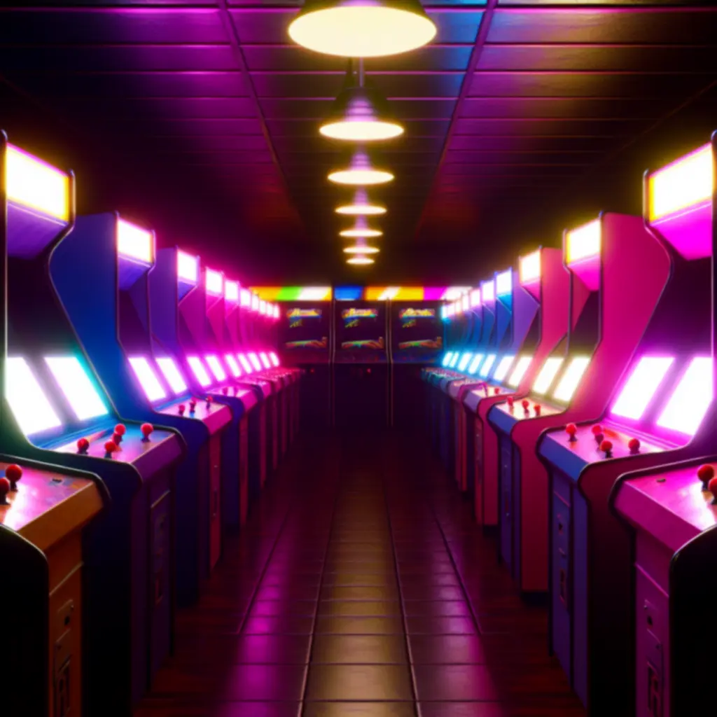Rząd klasycznych automatów arcade w neonowym świetle