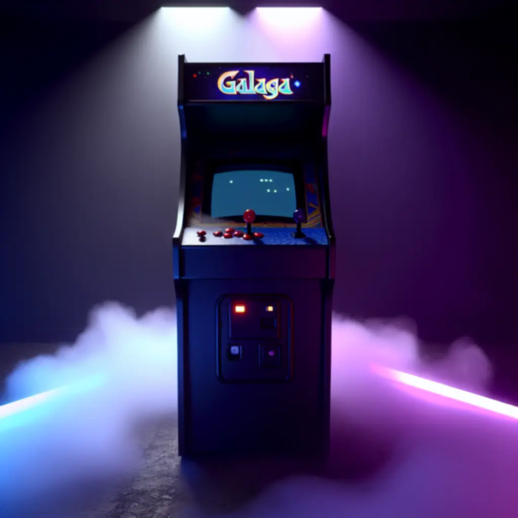 Museum-grade flagship arcade cabinet bathed in subtle neon glow