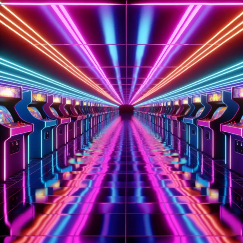 Neonowy korytarz z rzędami klasycznych automatów arcade
