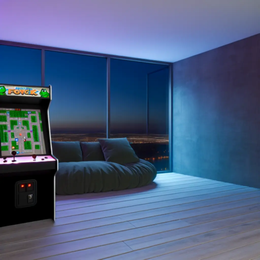 Przestrzeń wystawowa z klasycznymi automatami arcade w neonowym oświetleniu