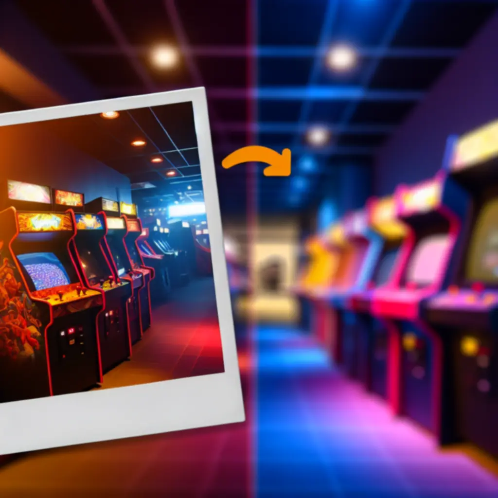 Polaroid-style collage of early arcade memories and workshop sketches