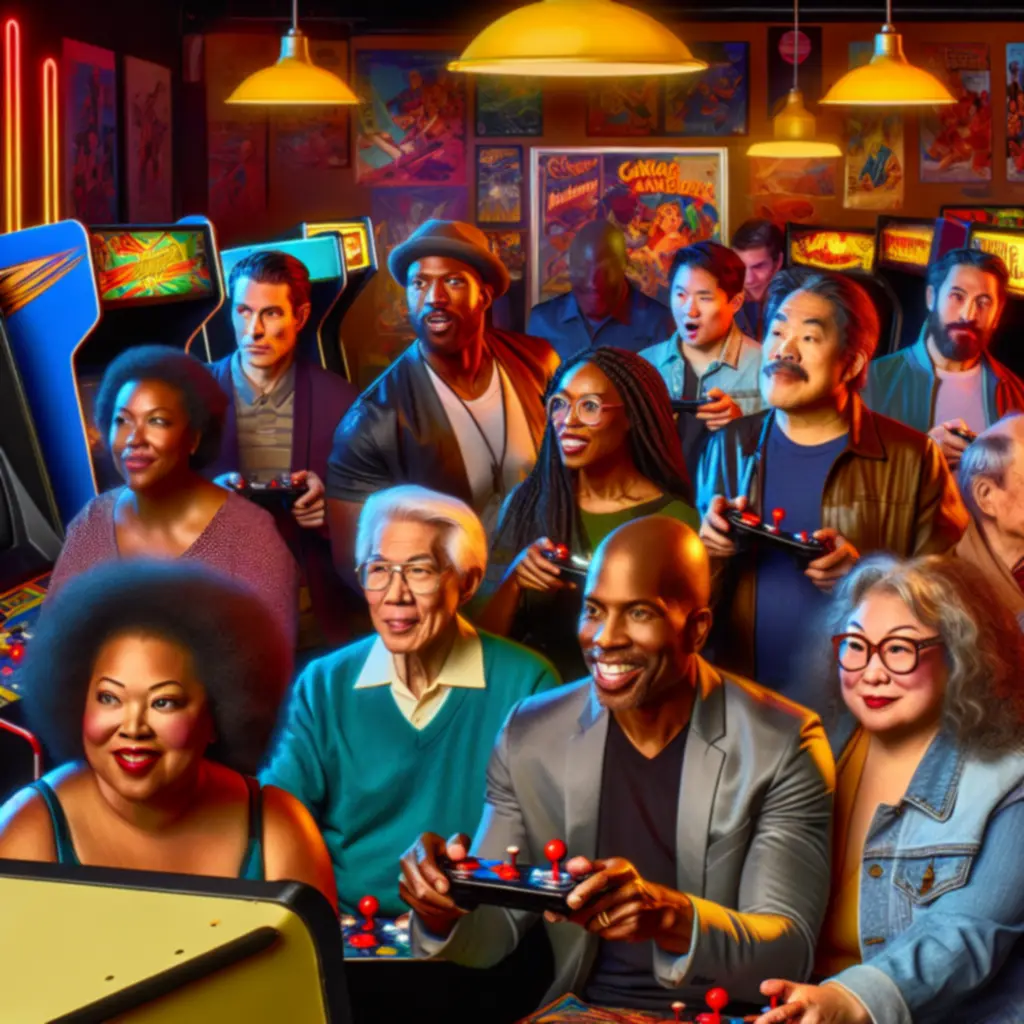 Gracze przy automatach dzielący się wspomnieniami