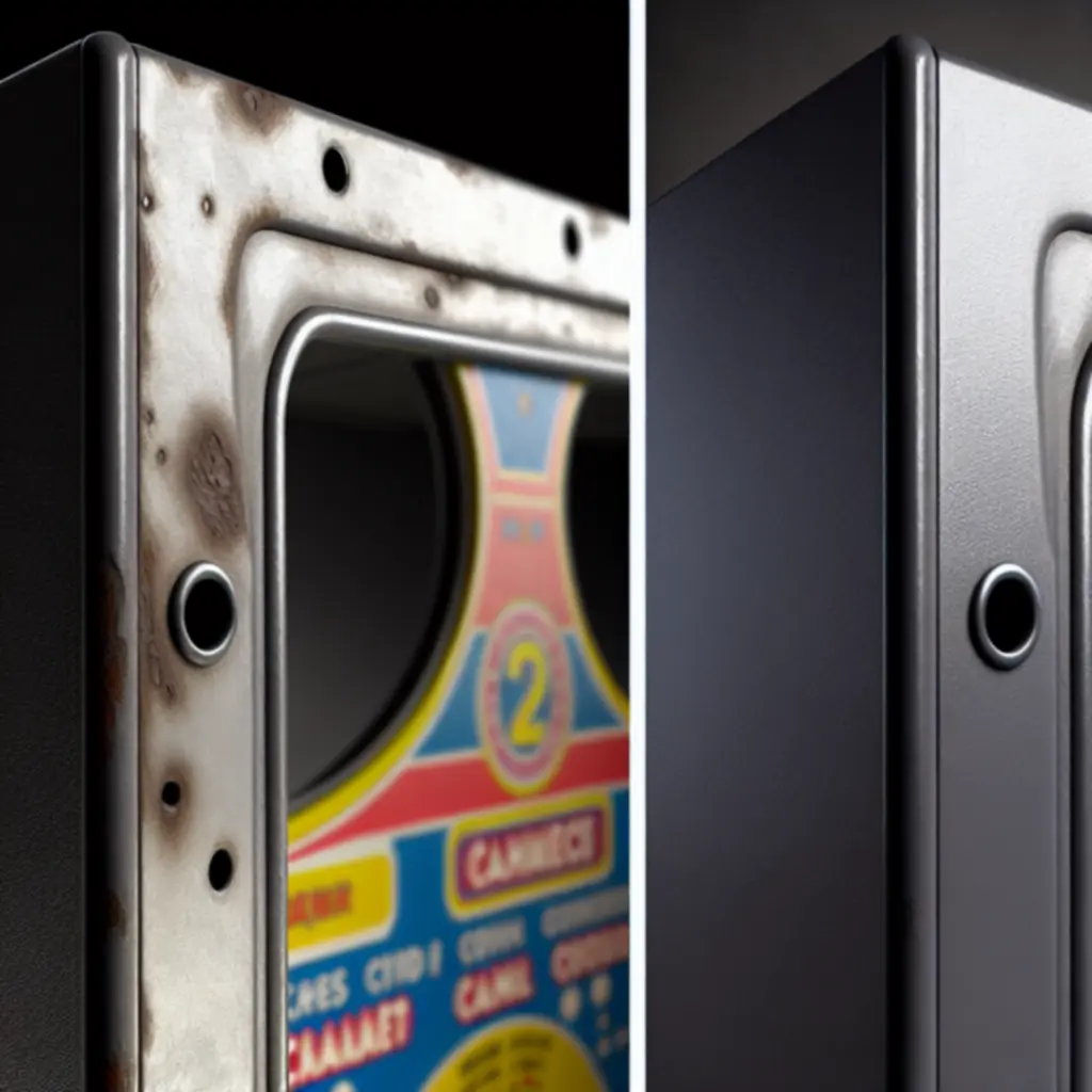 Macro shot of brushed-chrome coin door before restoration